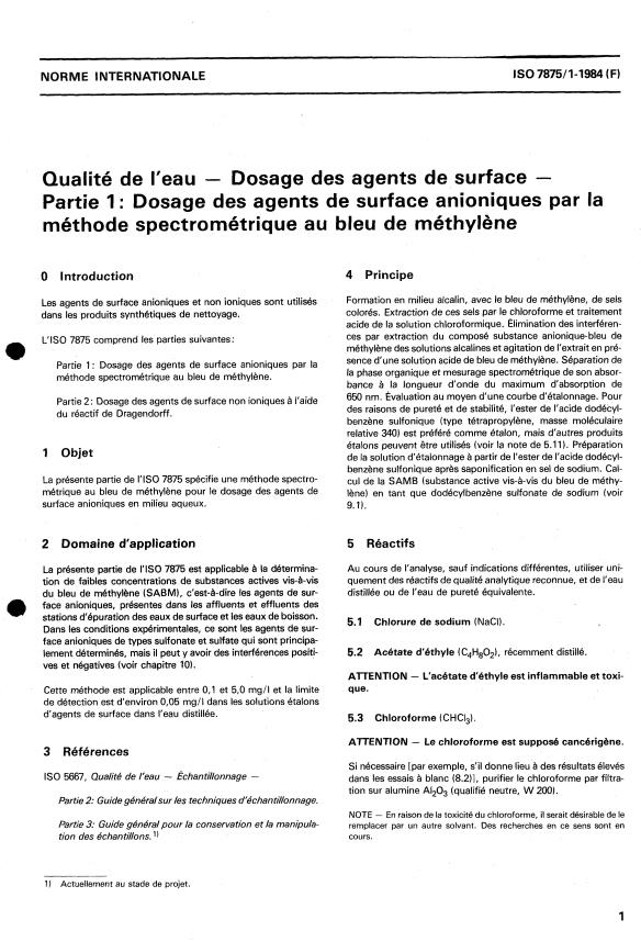 ISO 7875-1:1984 - Qualité de l'eau -- Dosage des agents de surface