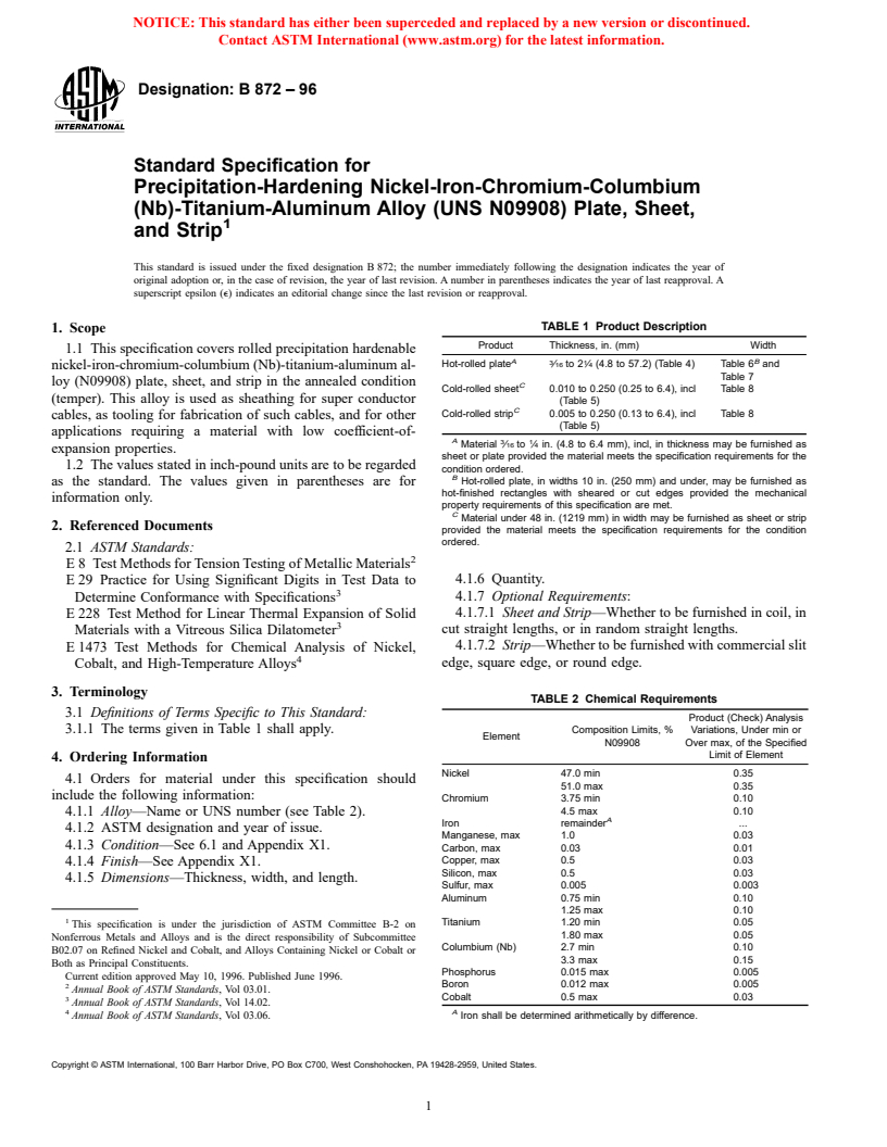 ASTM B872-96 - Standard Specification for Precipitation-Hardening Nickel-Iron-Chromium- Columbium (Nb)-Titanium-Aluminum Alloy (UNS N09908) Plate, Sheet, and Strip