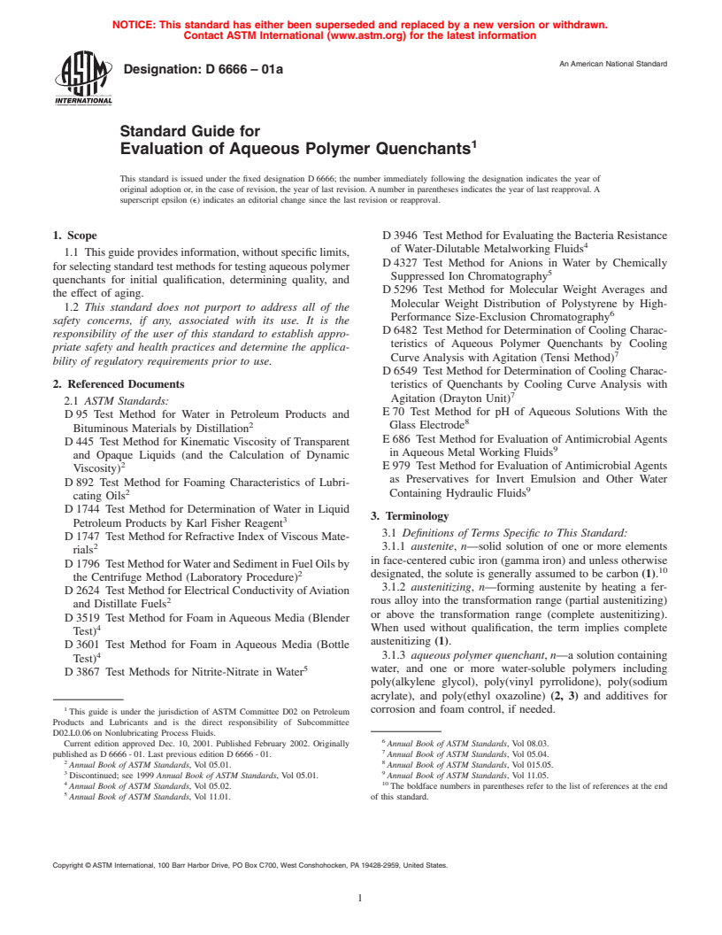 ASTM D6666-01a - Standard Guide for Evaluation of Aqueous Polymer Quenchants