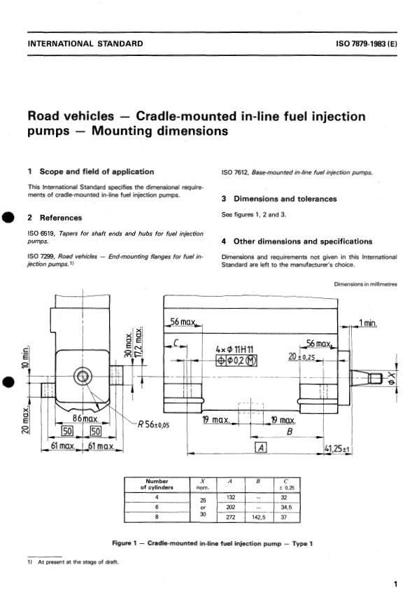 ISO 7879:1983 - Road vehicles -- Cradle-mounted in-line fuel injection pumps -- Mounting dimensions