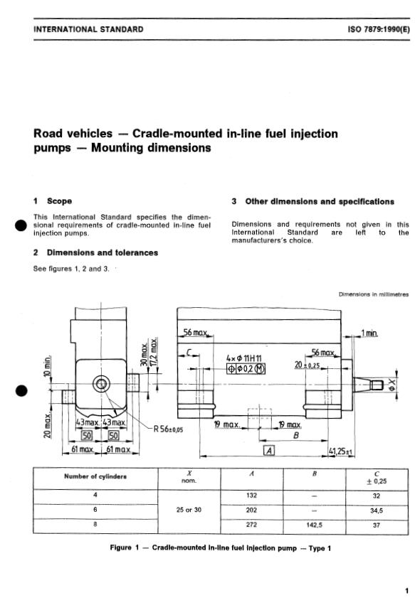 ISO 7879:1990 - Road vehicles -- Cradle-mounted in-line fuel injection pumps -- Mounting dimensions