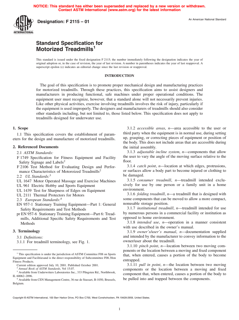 ASTM F2115-01 - Standard Specification for Motorized Treadmills