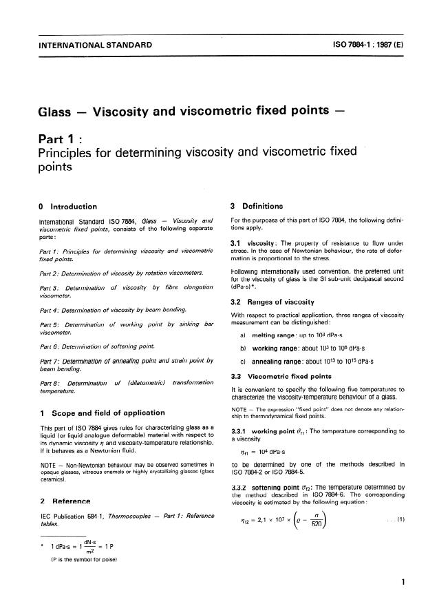ISO 7884-1:1987 - Glass -- Viscosity and viscometric fixed points