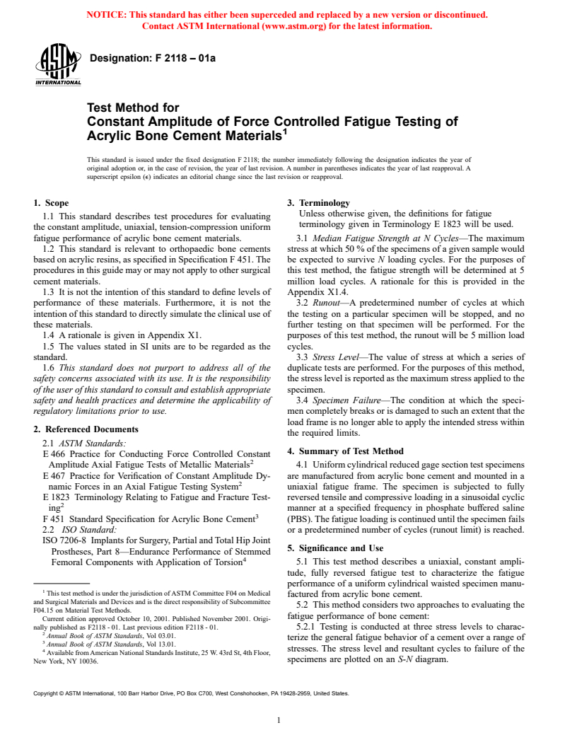 ASTM F2118-01a - Test Method for Constant Amplitude of Force Controlled Fatigue Testing of Acrylic Bone Cement Materials