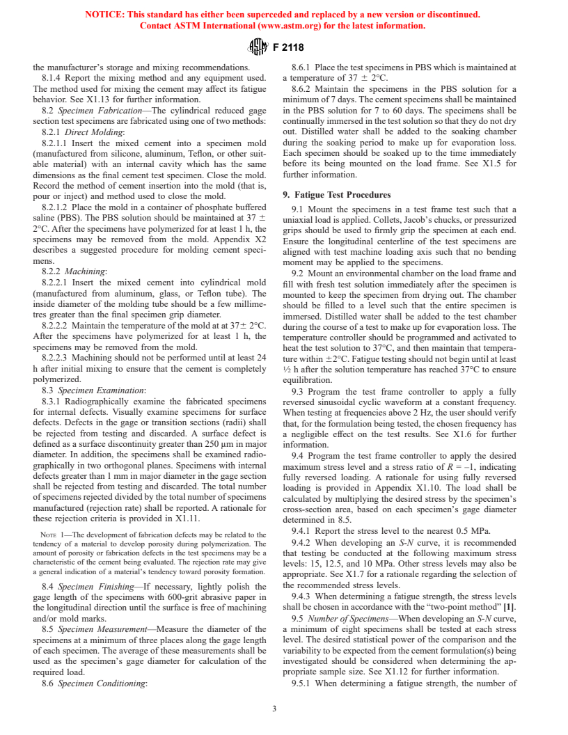 ASTM F2118-01a - Test Method for Constant Amplitude of Force Controlled Fatigue Testing of Acrylic Bone Cement Materials