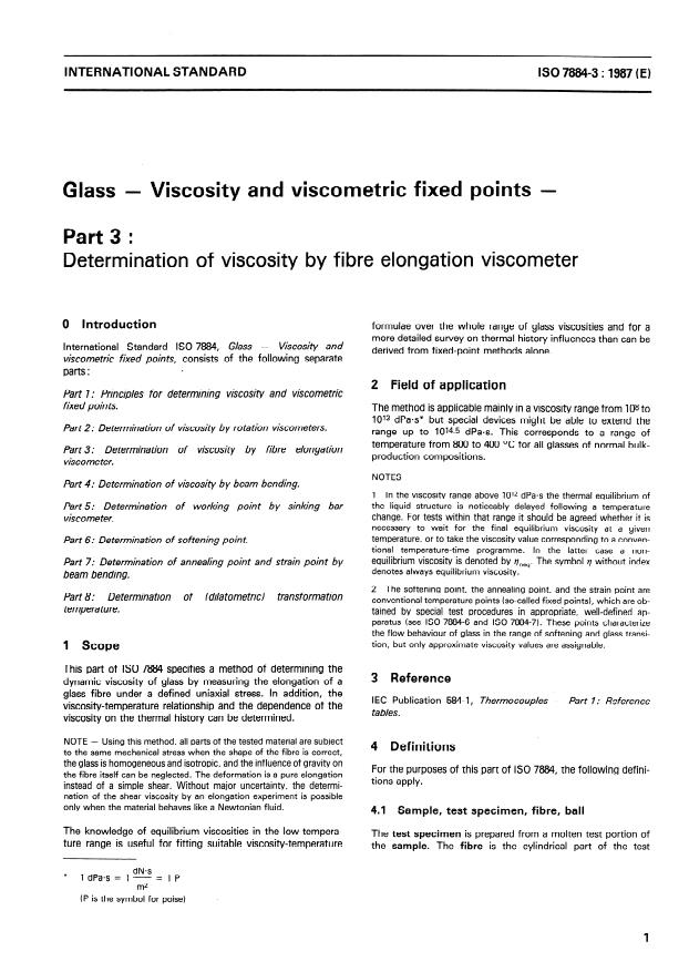 ISO 7884-3:1987 - Glass -- Viscosity and viscometric fixed points