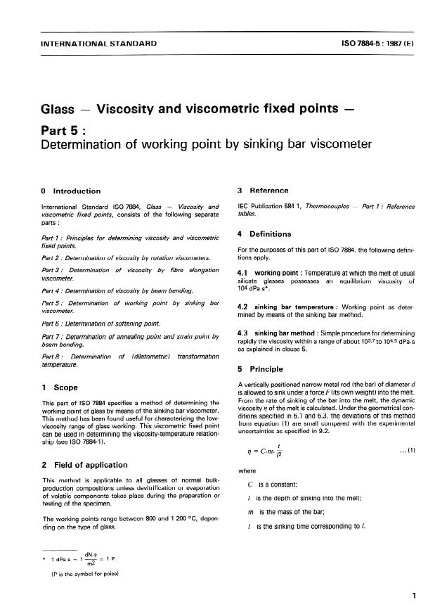 ISO 7884-5:1987 - Glass -- Viscosity and viscometric fixed points