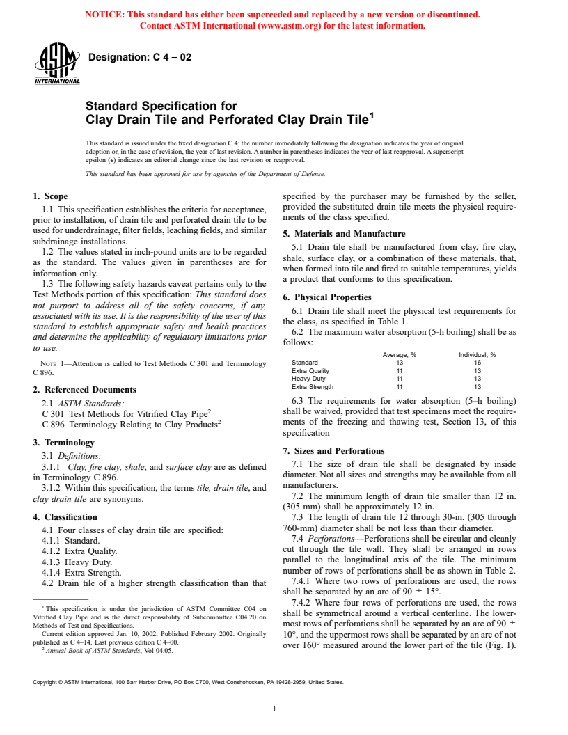 ASTM C4-02 - Standard Specification for Clay Drain Tile and Perforated Clay Drain Tile