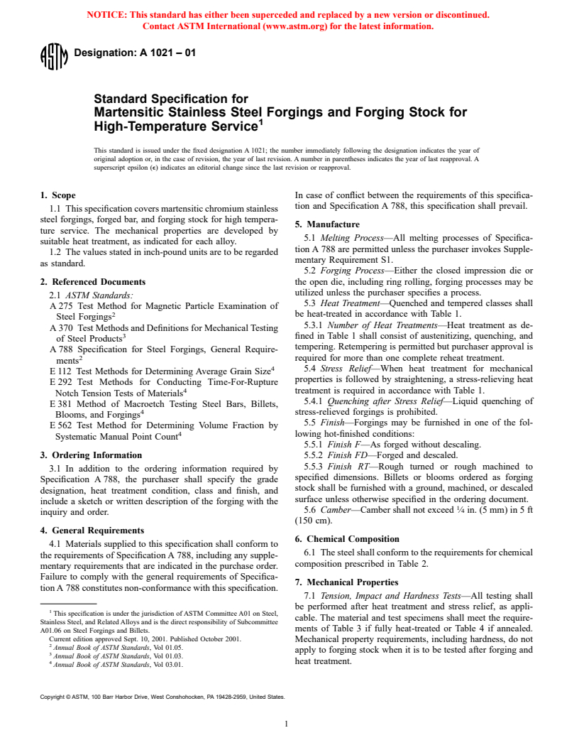 ASTM A1021-01 - Standard Specification for Martensitic Stainless Steel Forgings and Forging Stock for High-Temperature Service