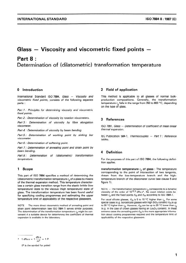 ISO 7884-8:1987 - Glass -- Viscosity and viscometric fixed points