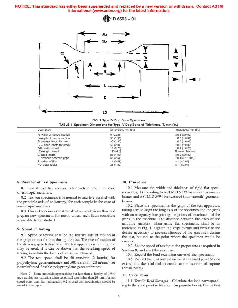 ASTM D6693-01 - Standard Test Method for Determining Tensile Properties of Nonreinforced Polyethylene and Nonreinforced Flexible Polypropylene Geomembranes