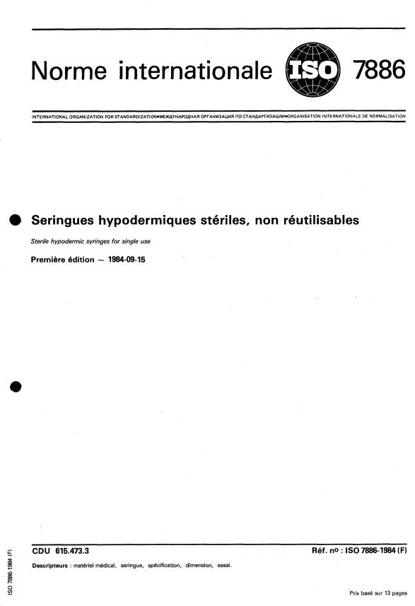 ISO 7886:1984 - Seringues hypodermiques stériles, non réutilisables
