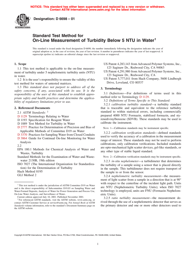 ASTM D6698-01 - Standard Test Method for On-Line Measurement of Turbidity Below 5 NTU in Water