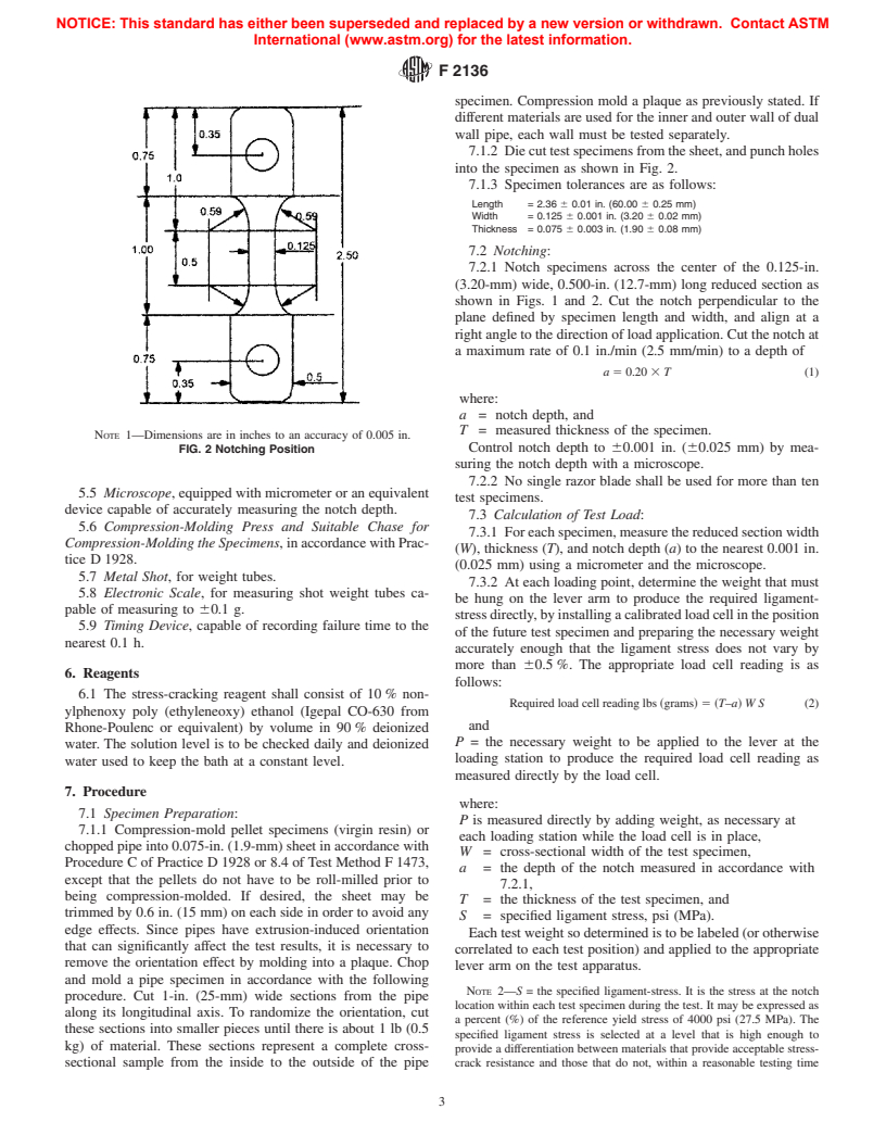 ASTM F2136-01 - Standard Test Method for Notched, Constant Ligament-Stress (NCLS) Test to Determine Slow-Crack-Growth Resistance of HDPE Resins or HDPE Corrugated Pipe