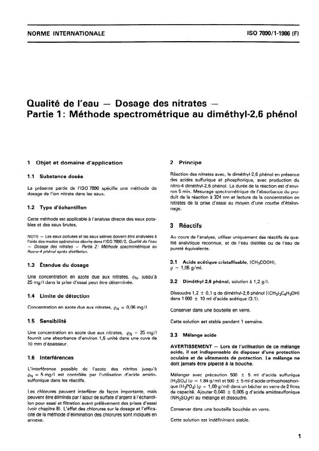 ISO 7890-1:1986 - Qualité de l'eau -- Dosage des nitrates
