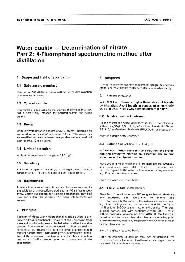 ISO 7890-2:1986 - Water quality -- Determination of nitrate