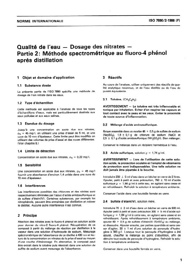ISO 7890-2:1986 - Qualité de l'eau -- Dosage des nitrates