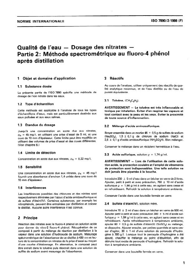 ISO 7890-2:1986 - Qualité de l'eau -- Dosage des nitrates