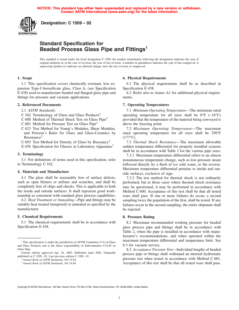 ASTM C1509-02 - Standard Specification for Beaded Process Glass Pipe and Fittings