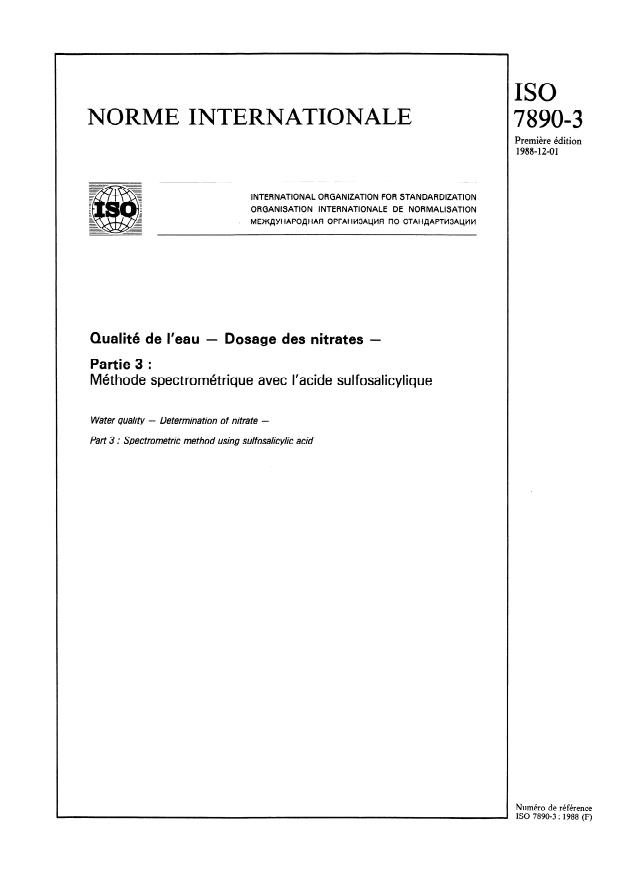 ISO 7890-3:1988 - Qualité de l'eau -- Dosage des nitrates