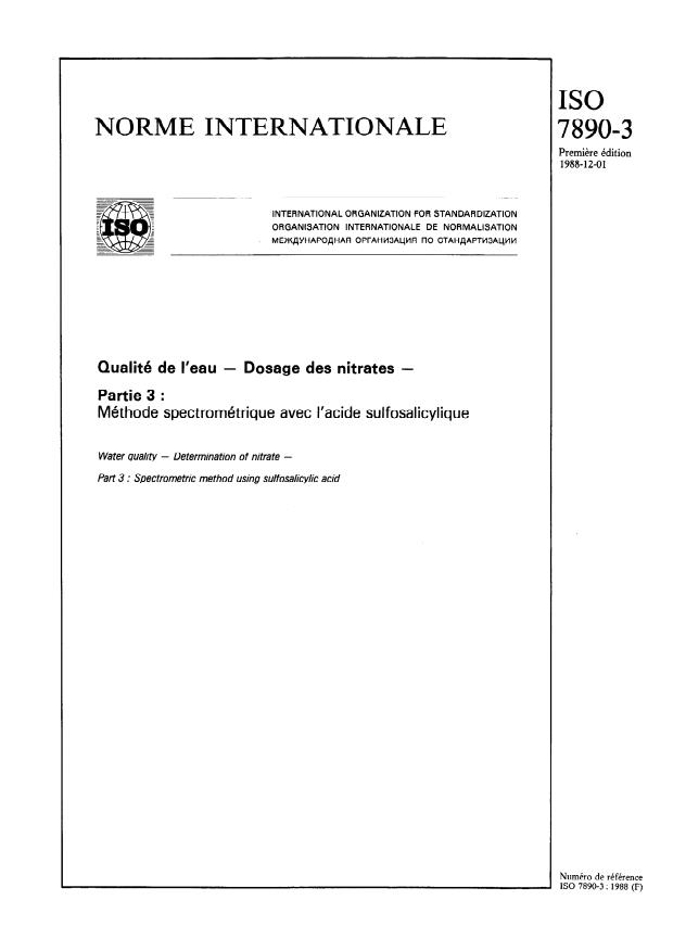ISO 7890-3:1988 - Qualité de l'eau -- Dosage des nitrates