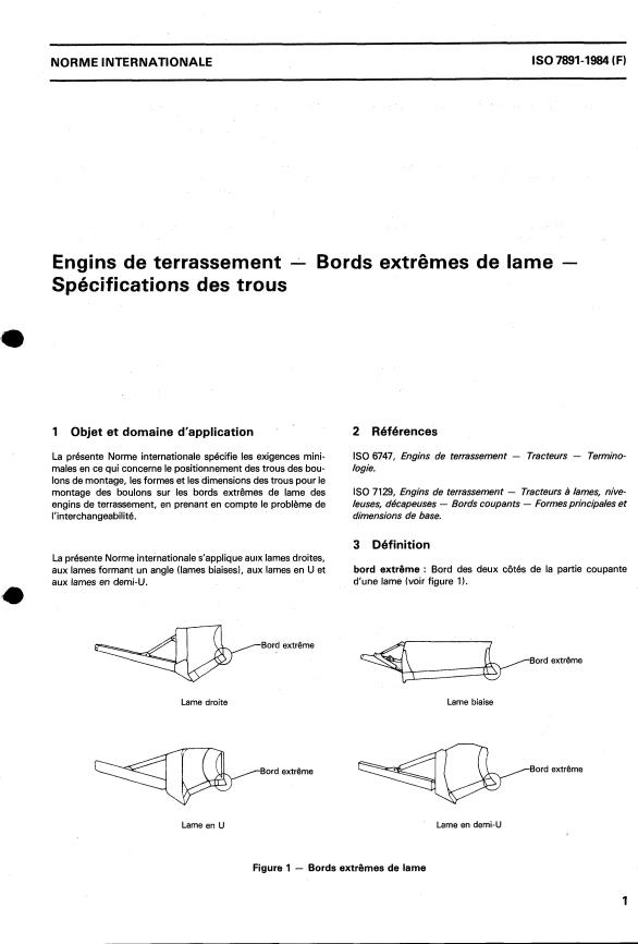 ISO 7891:1984 - Engins de terrassement -- Bords extremes de lame -- Spécifications des trous