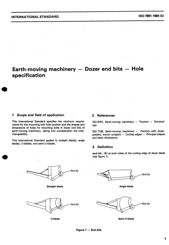 ISO 7891:1984 - Earth-moving machinery -- Dozer end bits -- Hole specification