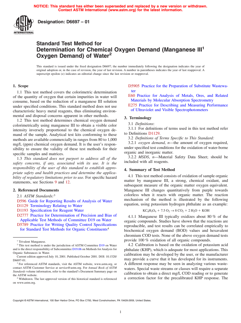 ASTM D6697-01 - Standard Test Method for Determination for Chemical Oxygen Demand (Manganese III Oxygen Demand) of Water (Withdrawn 2010)