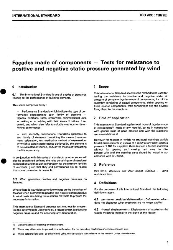 ISO 7895:1987 - Facades made of components -- Tests for resistance to positive and negative static pressure generated by wind
