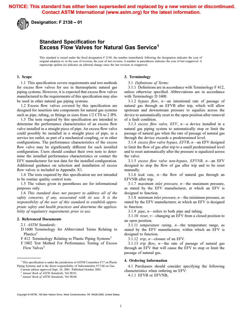 ASTM F2138-01 - Standard Specification for Excess Flow Valves for Natural Gas Service