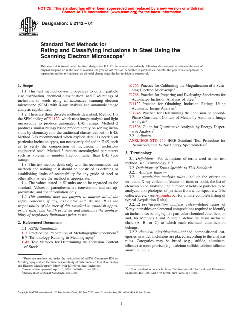 ASTM E2142-01 - Standard Test Methods for Rating and Classifying Inclusions in Steel Using the Scanning Electron Microscope