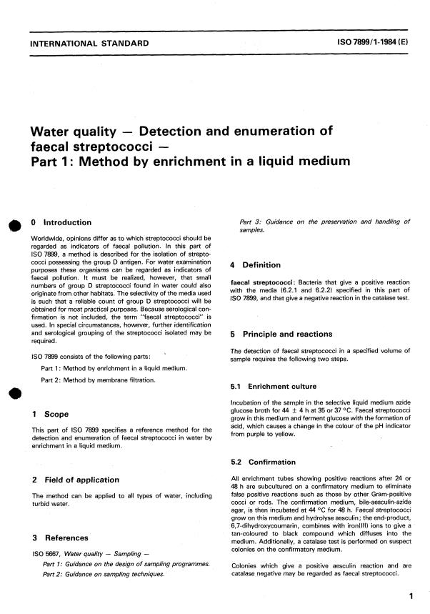 ISO 7899-1:1984 - Water quality -- Detection and enumeration of faecal streptococci