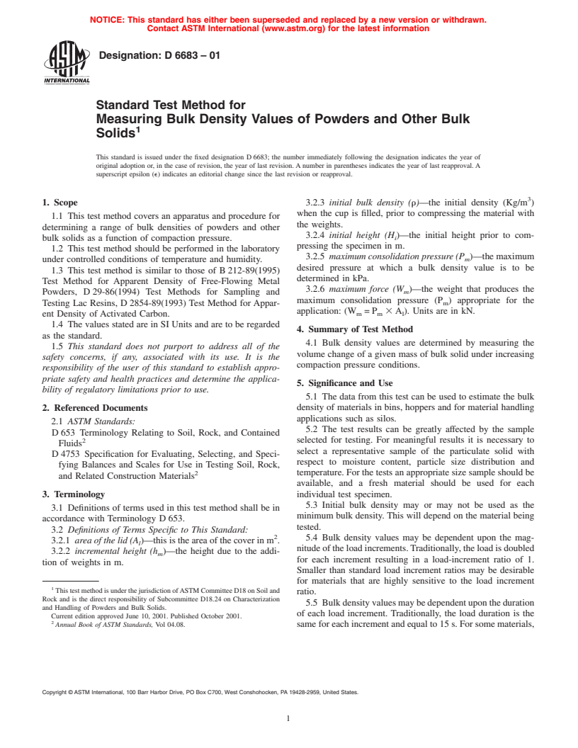 ASTM D6683-01 - Standard Test Method for Measuring Bulk Density Values of Powders and Other Bulk Solids