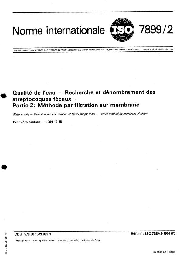 ISO 7899-2:1984 - Qualité de l'eau -- Recherche et dénombrement des streptocoques fécaux