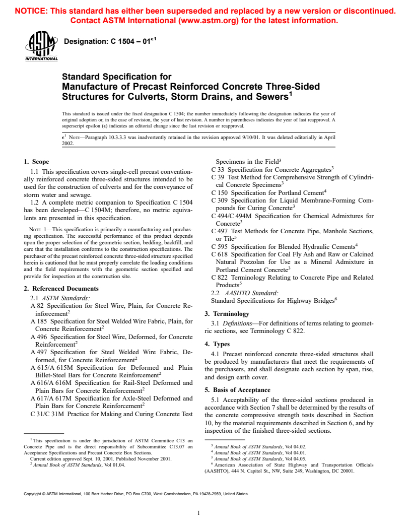 ASTM C1504-01e1 - Standard Specification for Manufacture of Precast Reinforced Concrete Three-Sided Structures for Culverts, Storm Drains, and Sewers