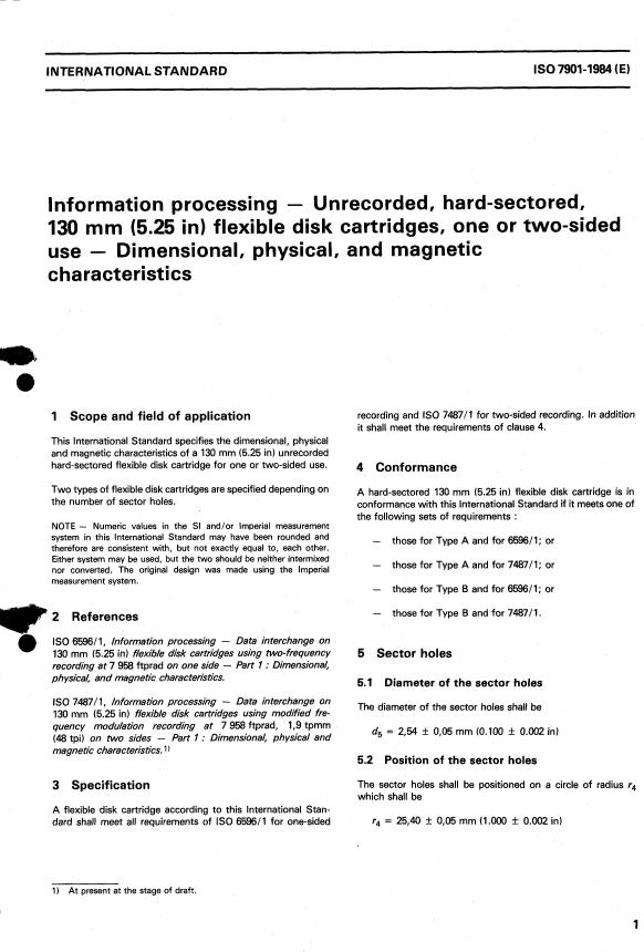 ISO 7901:1984 - Information processing -- Unrecorded, hard-sectored, 130 mm (5.25 in) flexible disk cartridges, one or two-sided use -- Dimensional, physical, and magnetic characteristics