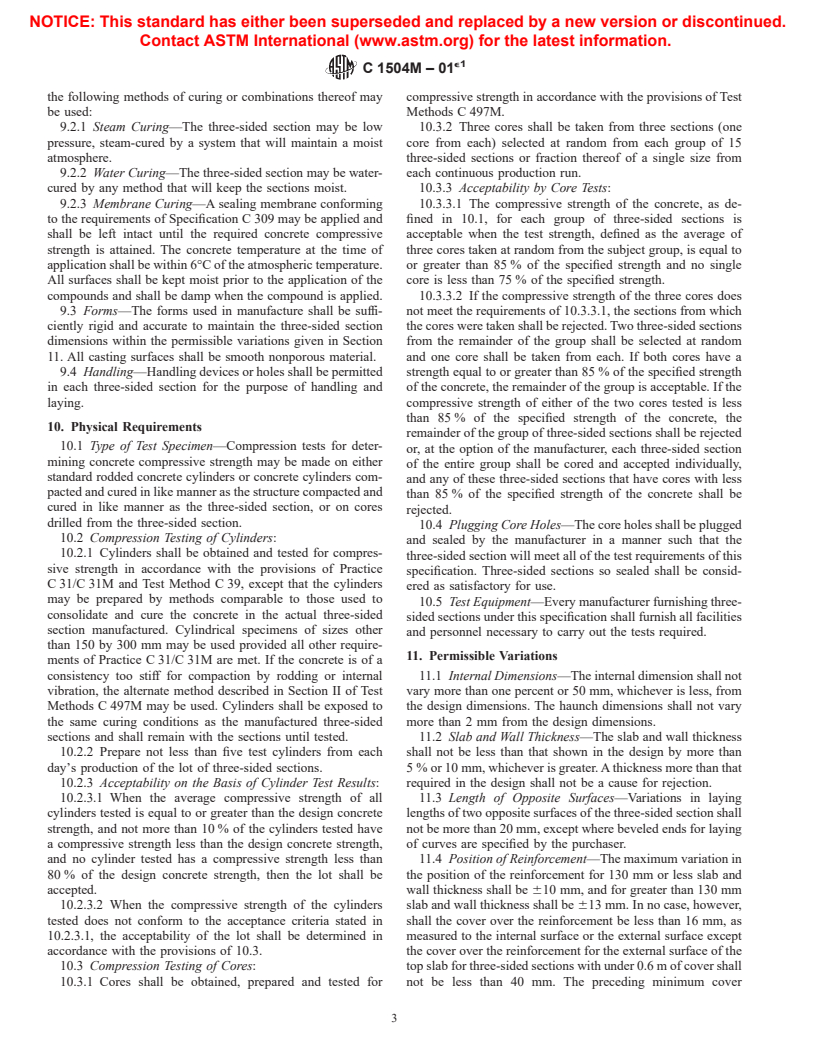 ASTM C1504M-01e1 - Standard Specification for Manufacture of Precast Reinforced Concrete Three-Sided Structures for Culverts, Storm Drains, and Sewers (Metric)