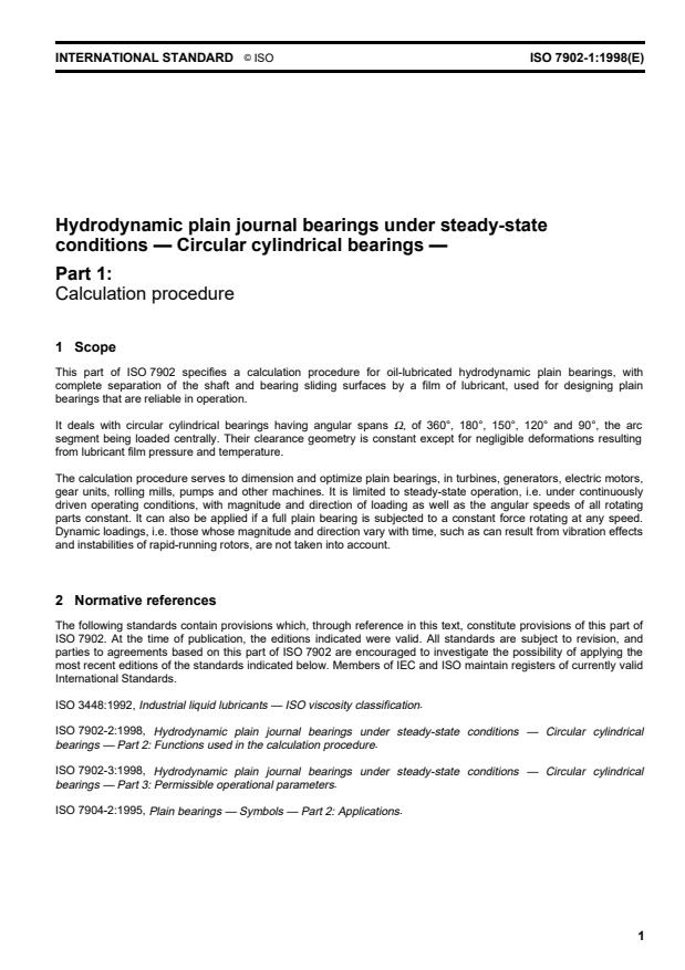 ISO 7902-1:1998 - Hydrodynamic plain journal bearings under steady-state conditions -- Circular cylindrical bearings