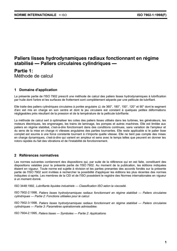 ISO 7902-1:1998 - Paliers lisses hydrodynamiques radiaux fonctionnant en régime stabilisé -- Paliers circulaires cylindriques