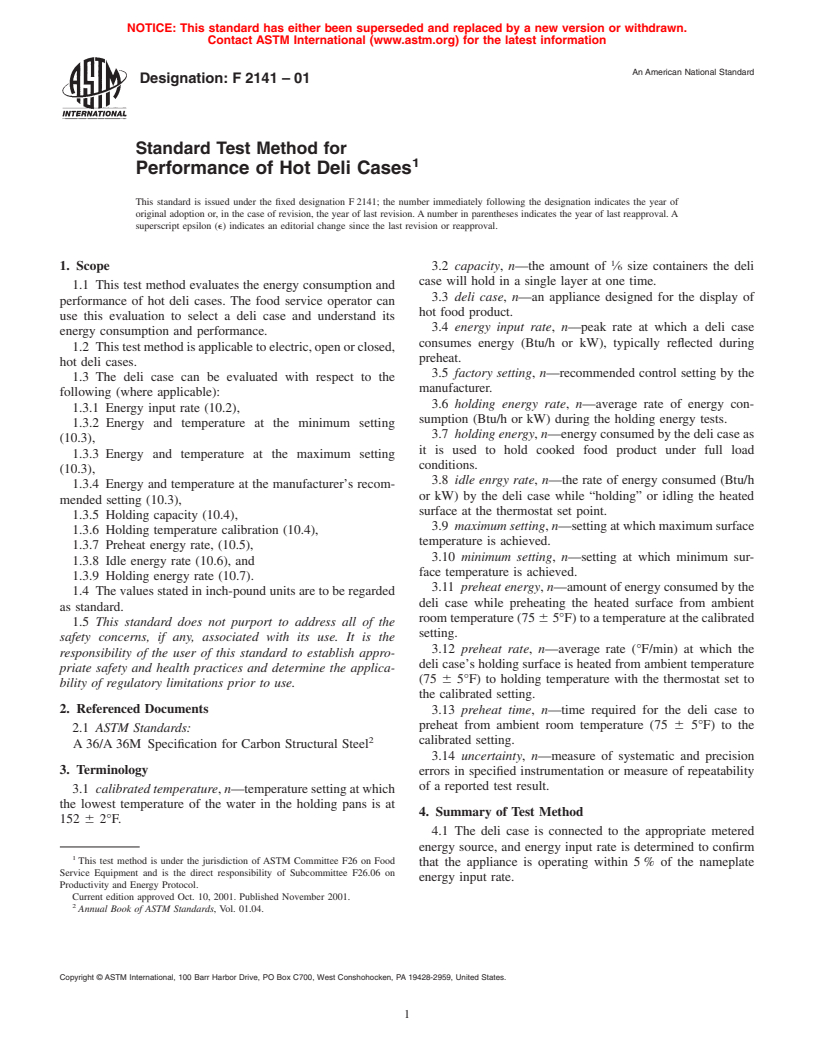 ASTM F2141-01 - Standard Test Method for Performance of Hot Deli Cases