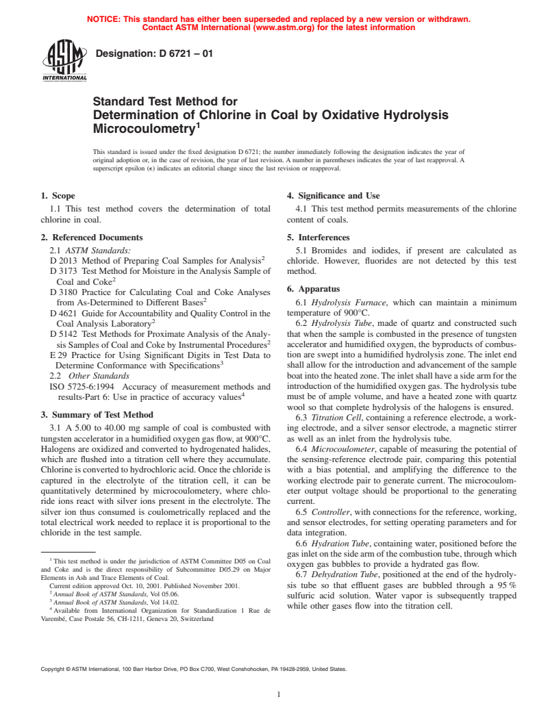 ASTM D6721-01 - Standard Test Method for Determination of Chlorine in Coal by Oxidative Hydrolysis Microcoulometry