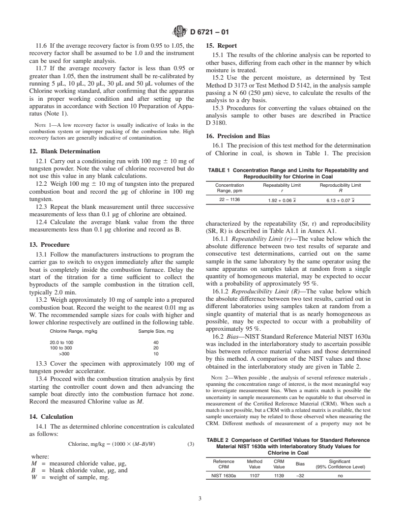 ASTM D6721-01 - Standard Test Method for Determination of Chlorine in Coal by Oxidative Hydrolysis Microcoulometry