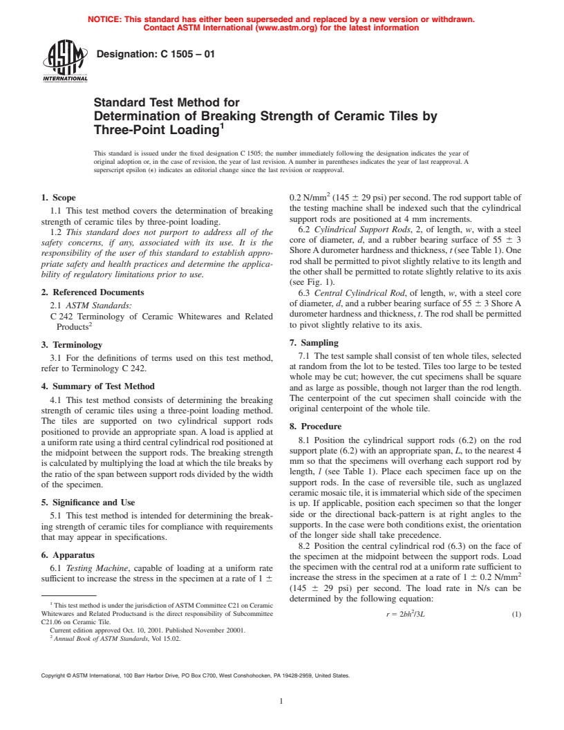 ASTM C1505-01 - Standard Test Method for Determination of Breaking Strength of Ceramic Tiles by Three-Point Loading