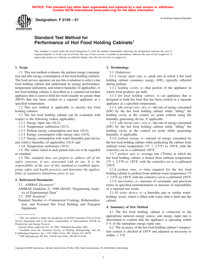 ASTM F2140-01 - Standard Test Method for Performance of Hot Food Holding Cabinets