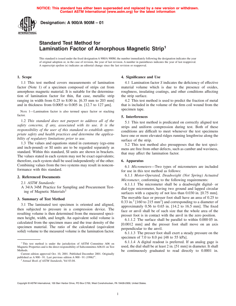 ASTM A900/A900M-01 - Standard Test Method for Lamination Factor of Amorphous Magnetic Strip