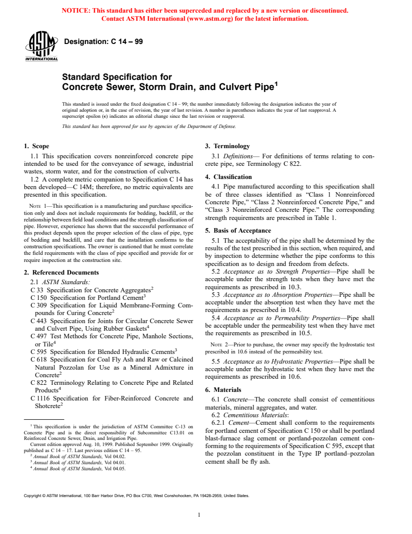 ASTM C14-99 - Standard Specification for Concrete Sewer, Storm Drain, and Culvert Pipe