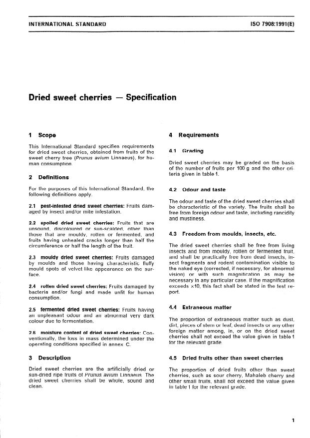 ISO 7908:1991 - Dried sweet cherries -- Specification
