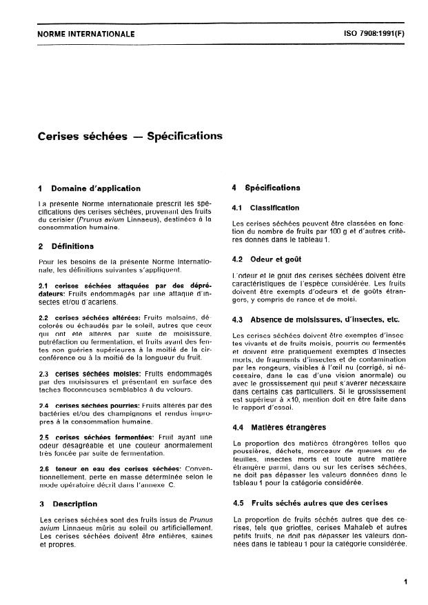 ISO 7908:1991 - Cerises séchées -- Spécifications