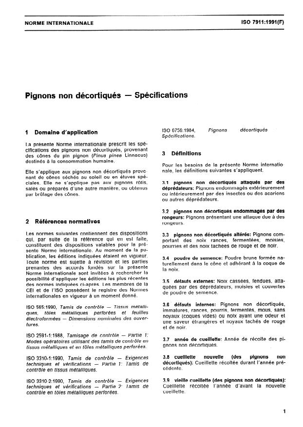 ISO 7911:1991 - Pignons non décortiqués -- Spécifications