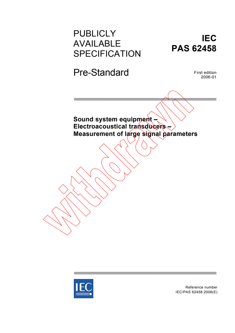 IEC PAS 62458:2006 - Sound system equipment - Electroacoustical transducers - Measurement of large signal parameters
Released:1/25/2006
Isbn:2831885000